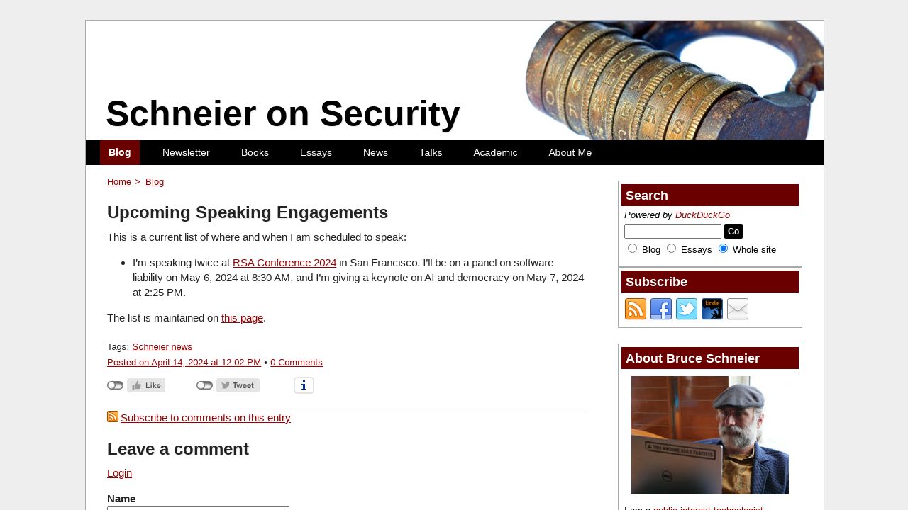 Renowned Security Expert Bruce Schneier Announces Upcoming Speaking Engagements