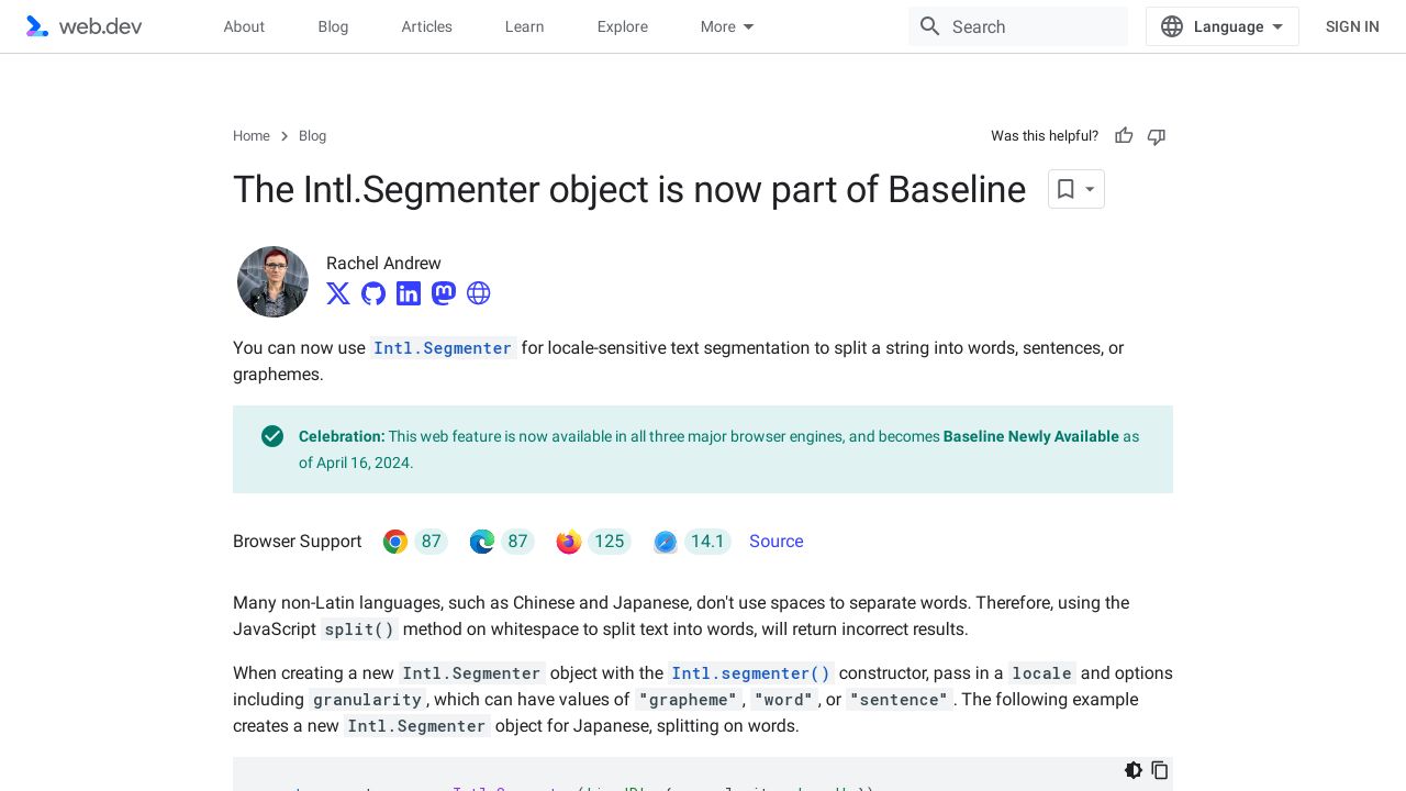 The Intl.Segmenter object is now part of Baseline