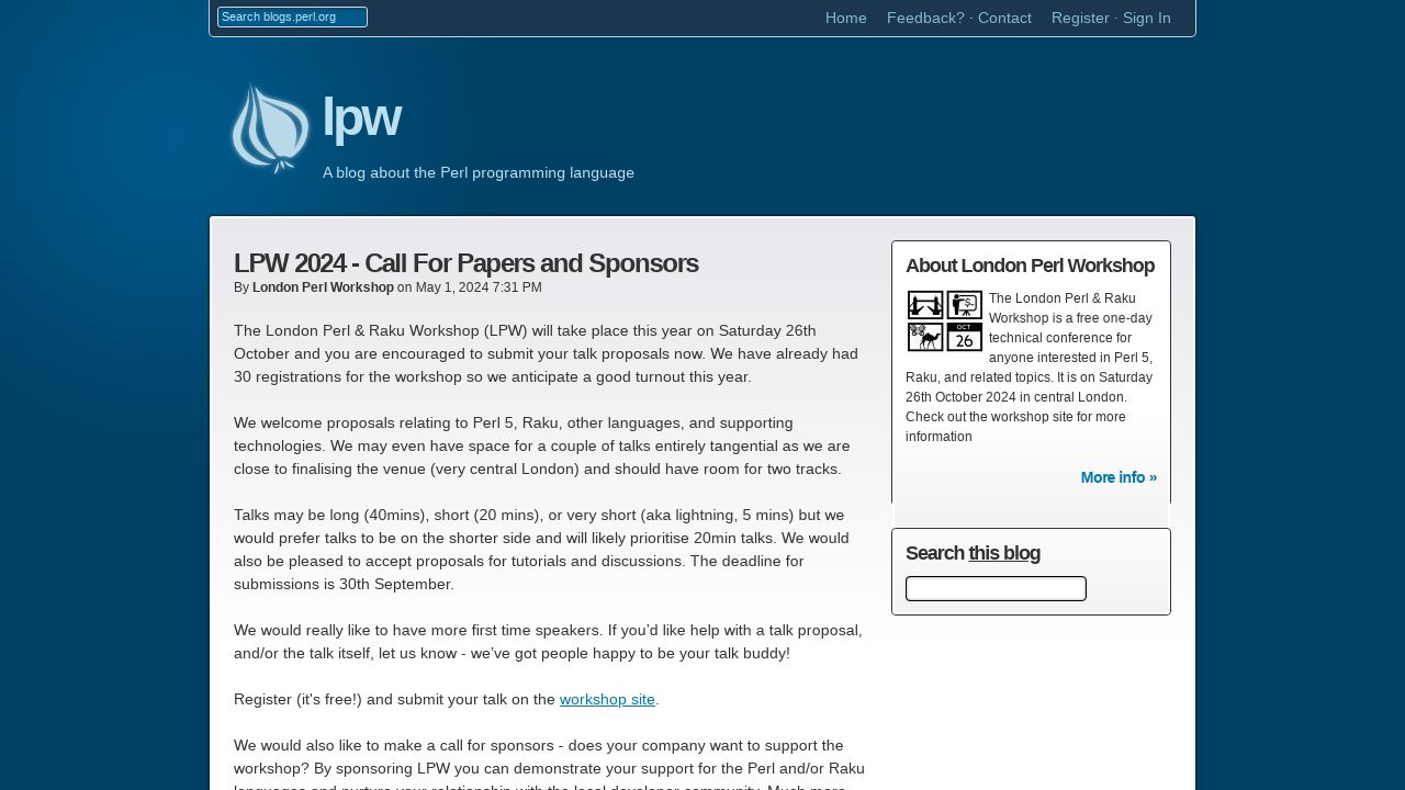 Call for Perl and Raku Speakers at London Perl Workshop 2024