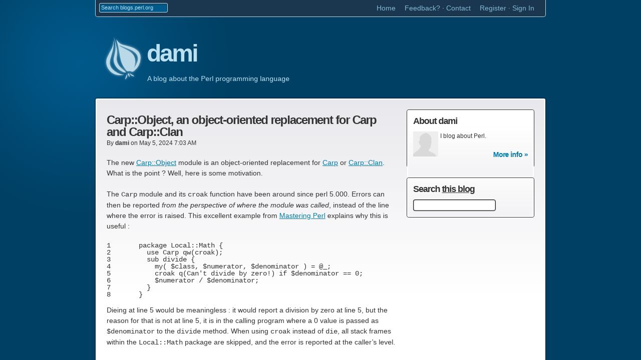 Carp::Object: An Improved Error Handling Library for Perl Developers