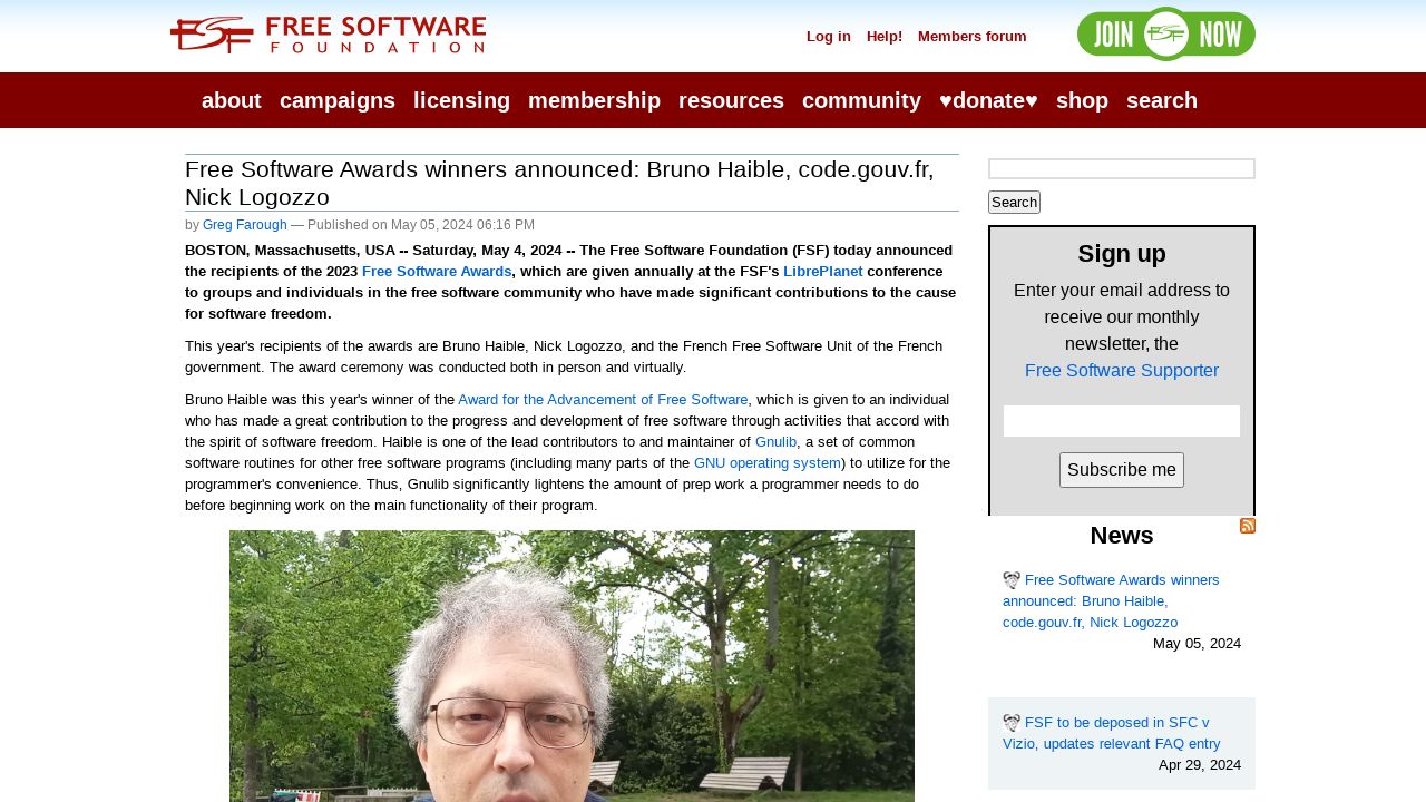 Free Software Award Winners Honored: Bruno Haible, code.gouv.fr, and Nick Logozzo